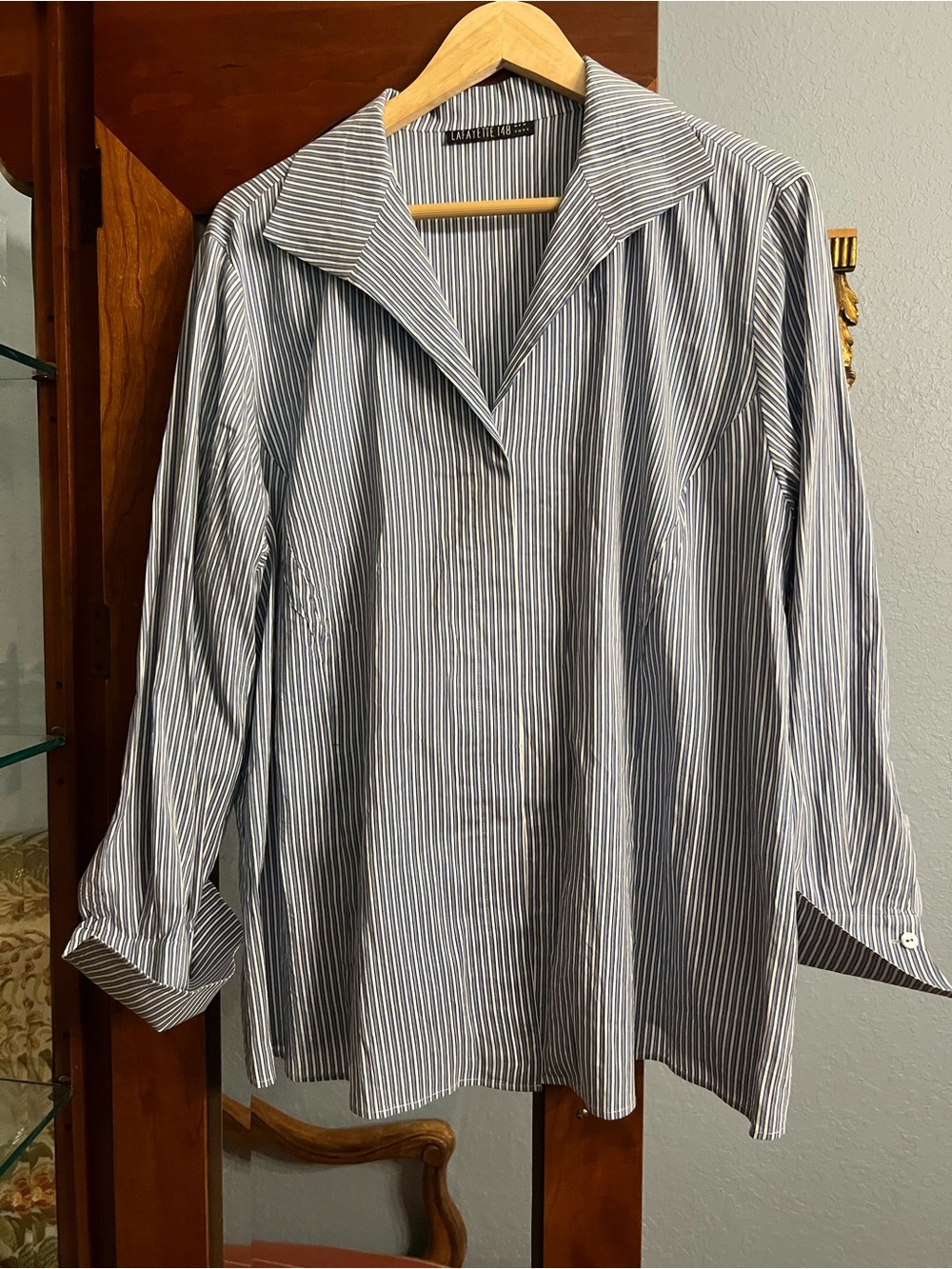 Lafayette 148 New York Blue and White Striped Blouse XL
